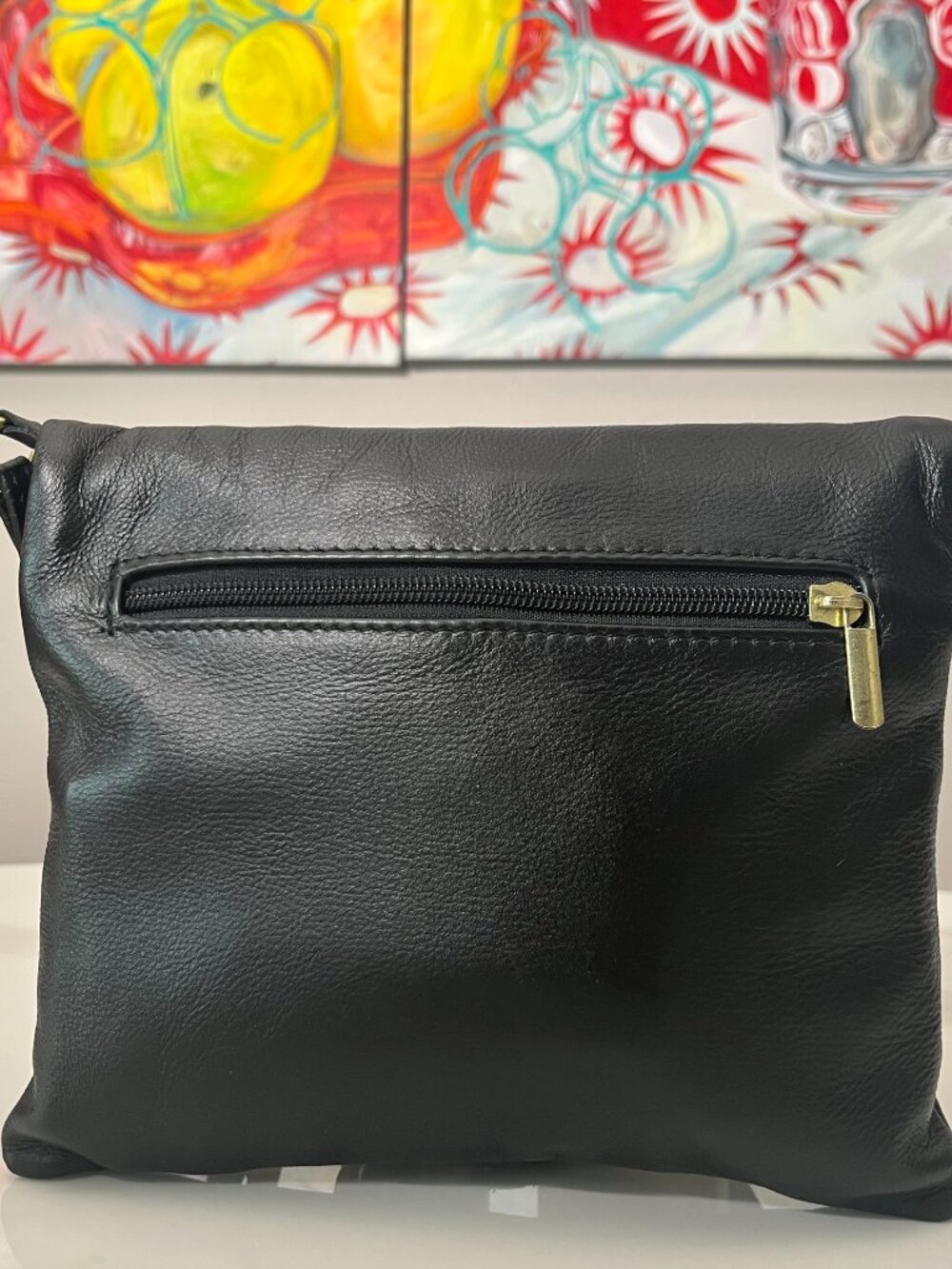 Italian Black Leather-Vera Pelle Crossbody Bag with Tassel - Picture 2 of 12